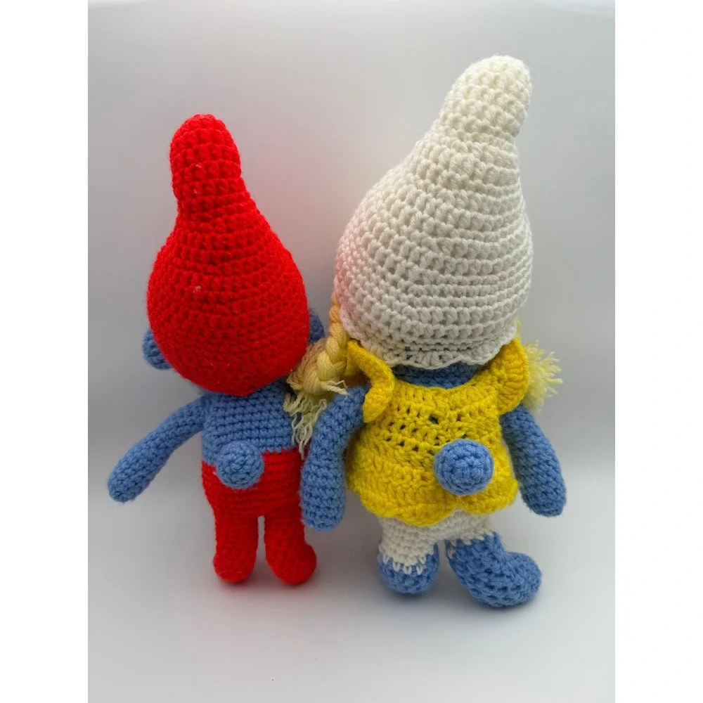 Vintage Handmade Smurf & Smurfette Crochet Plush Amigurumi Dolls Blue Red Yellow